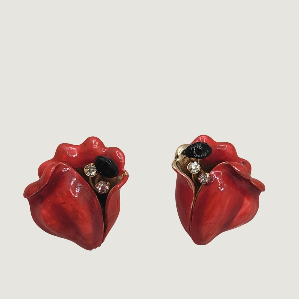 Vintage Corocraft Red Enamel Tulip Flower Clip On Earrings Rhinestone Mod Pop